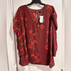 City Chic Red & Black Gingham Floral Puff Sleeves V-Neck Blouse NWT Sz L/20 $69